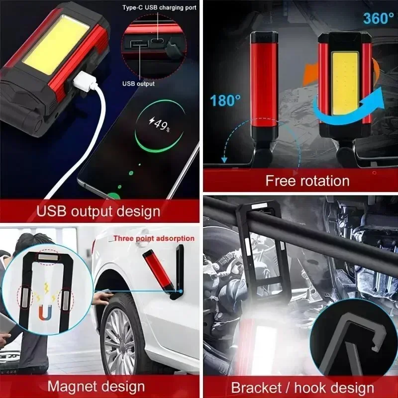 Imagem -03 - Portátil Magnetic Cob Led Work Light Usb Recarregável Lanterna Lanterna Camping Função Power Bank Lâmpada Pcs