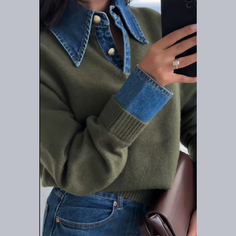 

Осень-зима, универсальные женские пуловеры, джинсовый трикотаж с воротником и рукавами, свитера с лацканами в стиле ретро, новинка 2025, женский повседневный топ