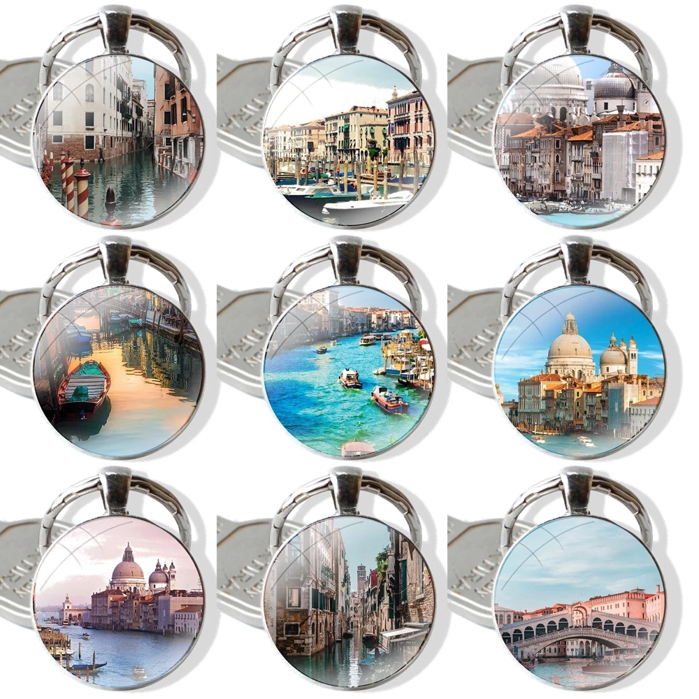 Water City Venice Italy Sunset Keychain Glass Cabochon Metal Pendant Classic Men's Women's Keyring