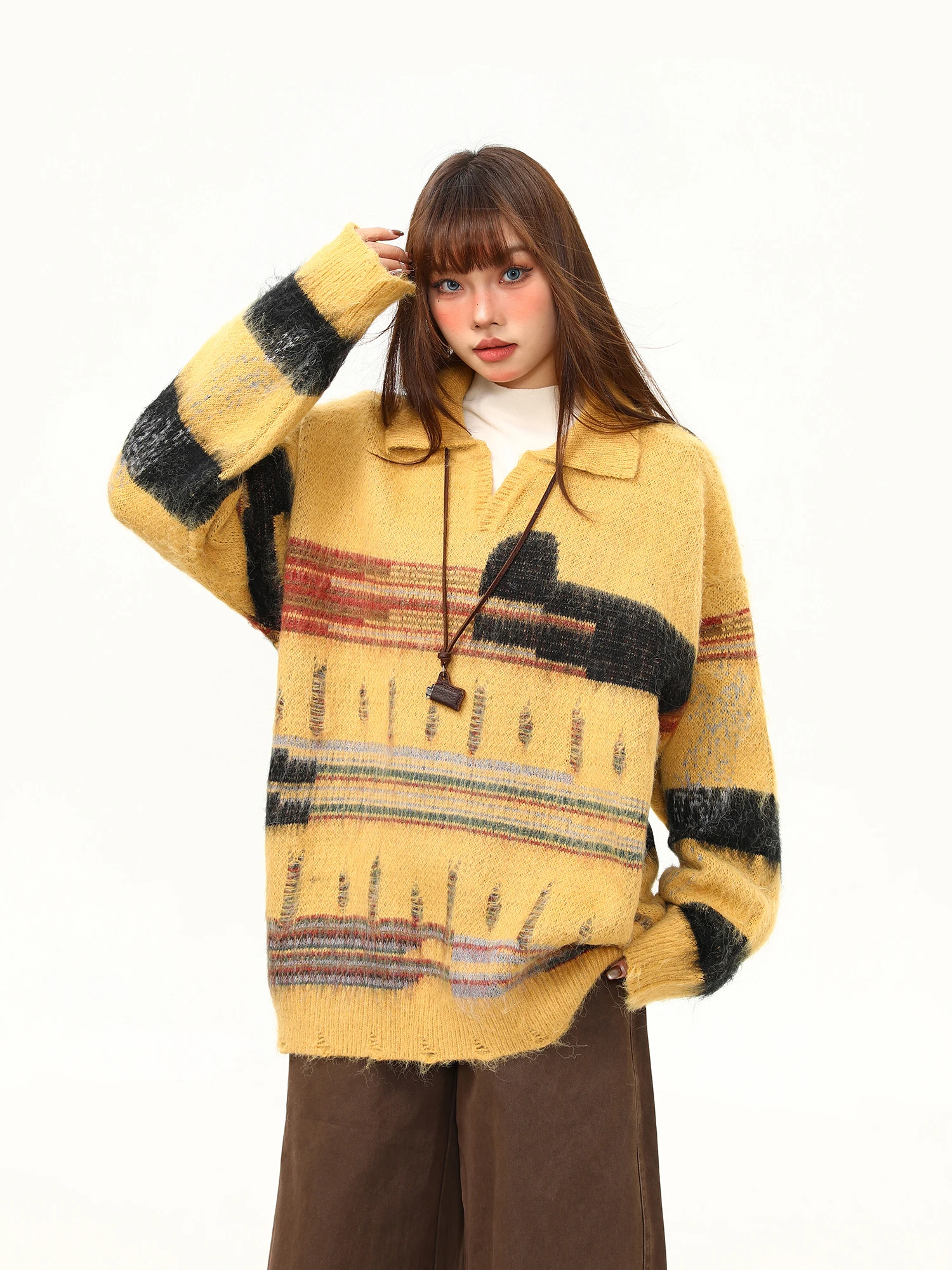 

Желтый вязаный свитер в американском ретро-стиле Wild Sle, женская осенне-зимняя одежда с отложным воротником, повседневный стиль