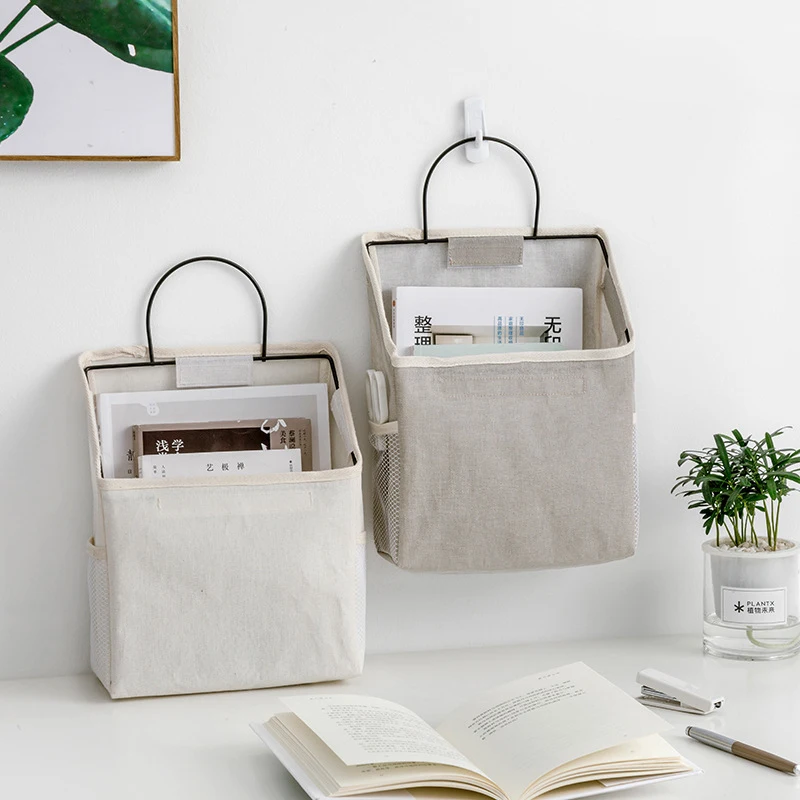 Dorm Bedside Wall Mounted Storage Bag 4 Colors Fabric Hanging Basket Bedroom Organizer Bag Book Magazines Phone Holder Hook