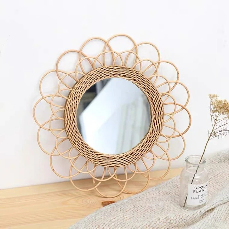 Cute Decorating Mirror Kawaii Flower Circle Quirky Rattan Mirror Teen Girl Makeup Espelhos Decorativos House Accessories