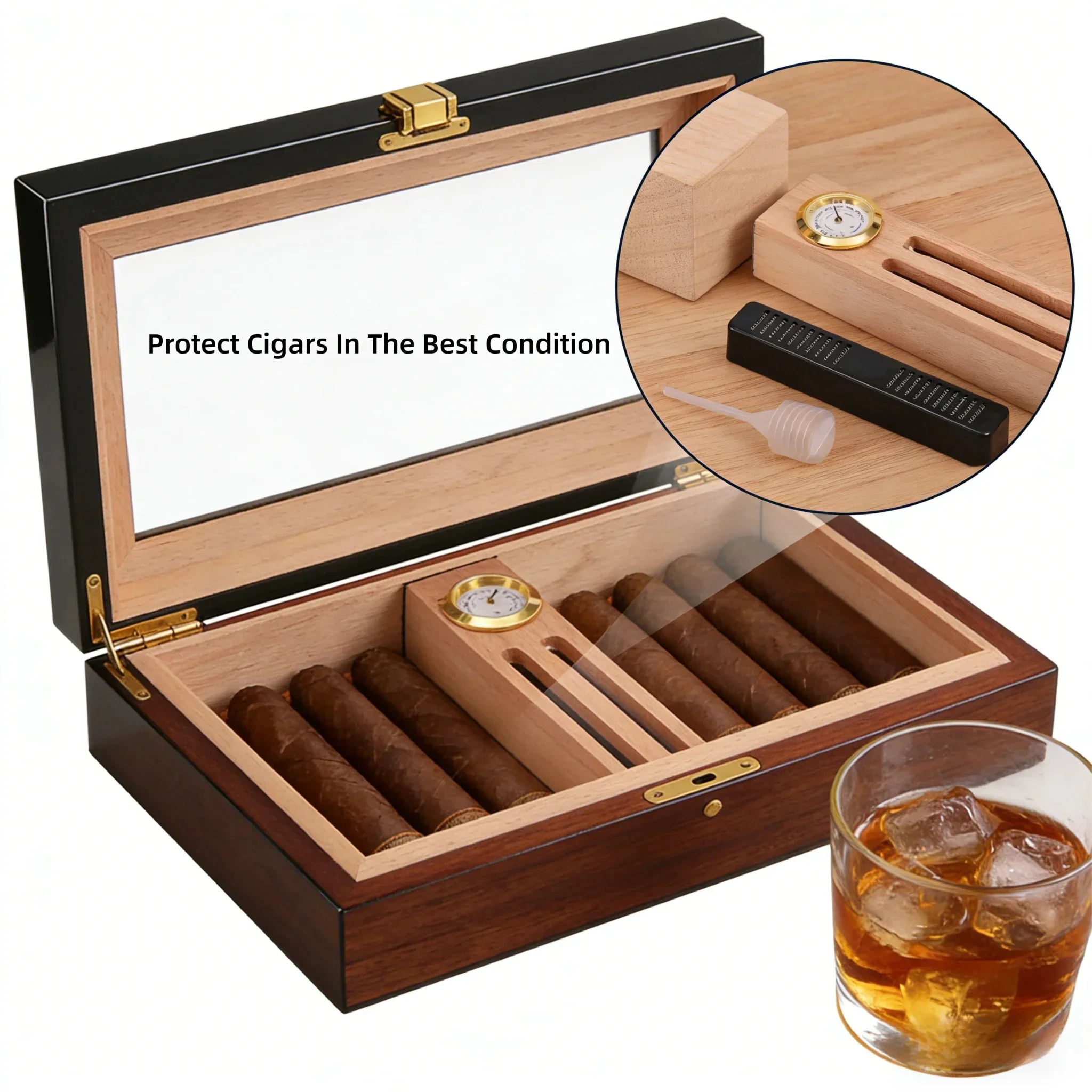 

18-местный хьюмидор для сигар с увлажнителем и гигрометром, портативный футляр из испанского кедра с лаком для фортепиано и мансардным светом