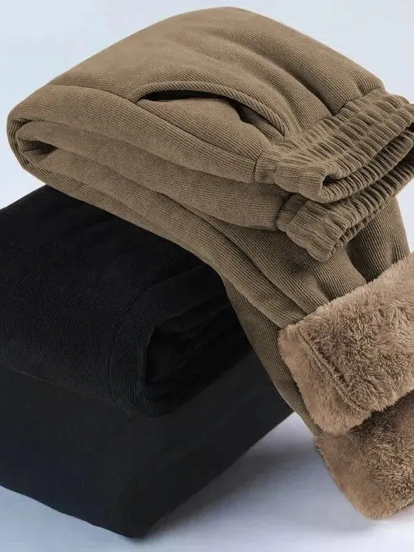 Extra Thi Fce Gevoerde Hoge Taille Katoenen Broek Dames Winter Plus Size Elastische Taille Lange Broek Warme Comfortabele Retro Sle