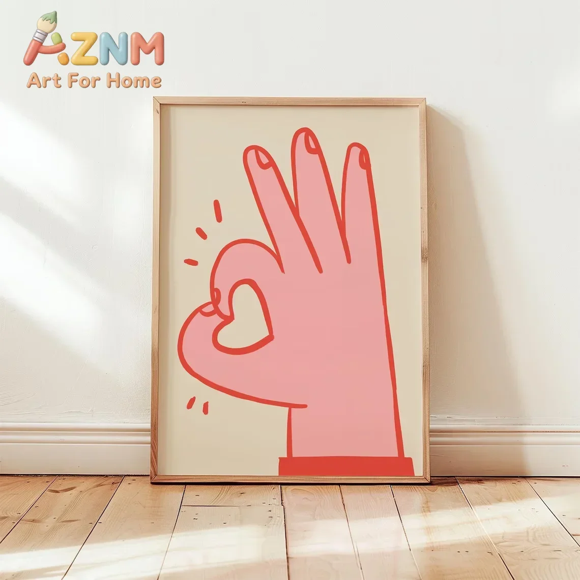 AZNM Frameless Canvas Wall Art Cute Pink Hand Heart Gesture Line Print Minimalist Cartoon Abstract Art Poster Bedroom Home Wall