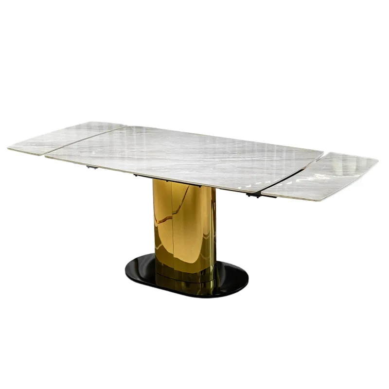 

Bright rock slab dining table retractable light luxury home modern restaurant 200cm gold stainless steel dining table