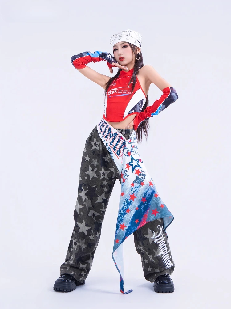Girls Hip-Hop Street Dance Clothes Cool Jazz Dance Costumes Red Top Baggy Pants Ballroom Hip Hop Dancing Clothes Stage Outfits