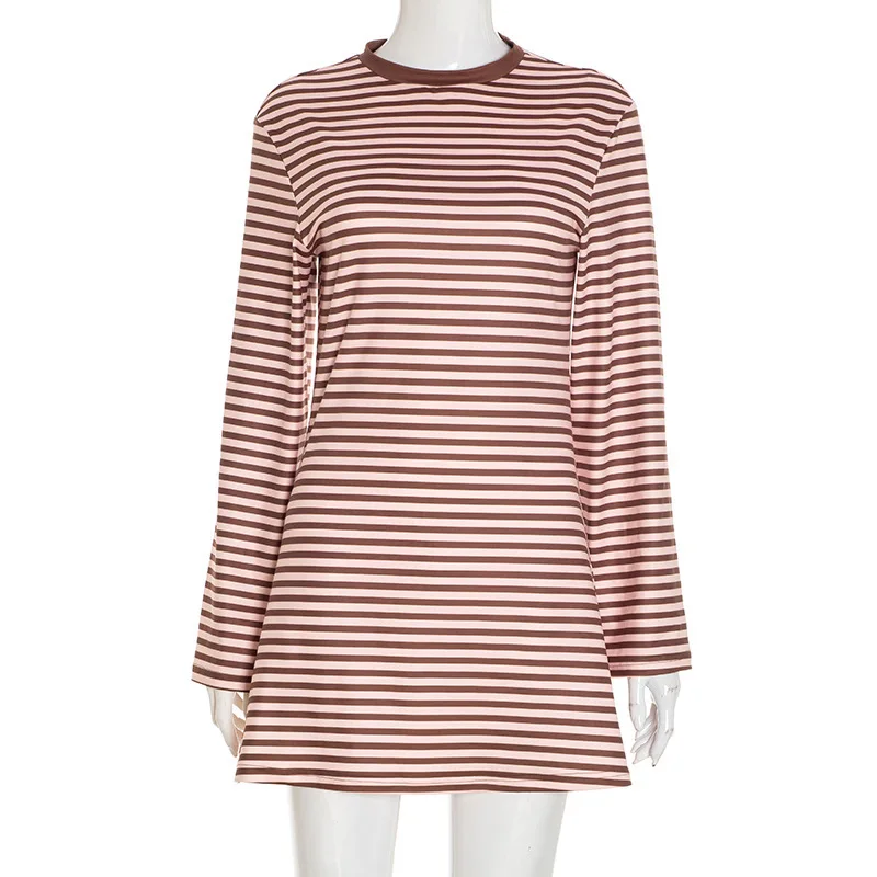 2026 New Fashion Women's Striped Long Sleeve Mini Dress Casual O Neck Slim Fit Brown Pink Dresses Spring/Autumn Long T-shirt