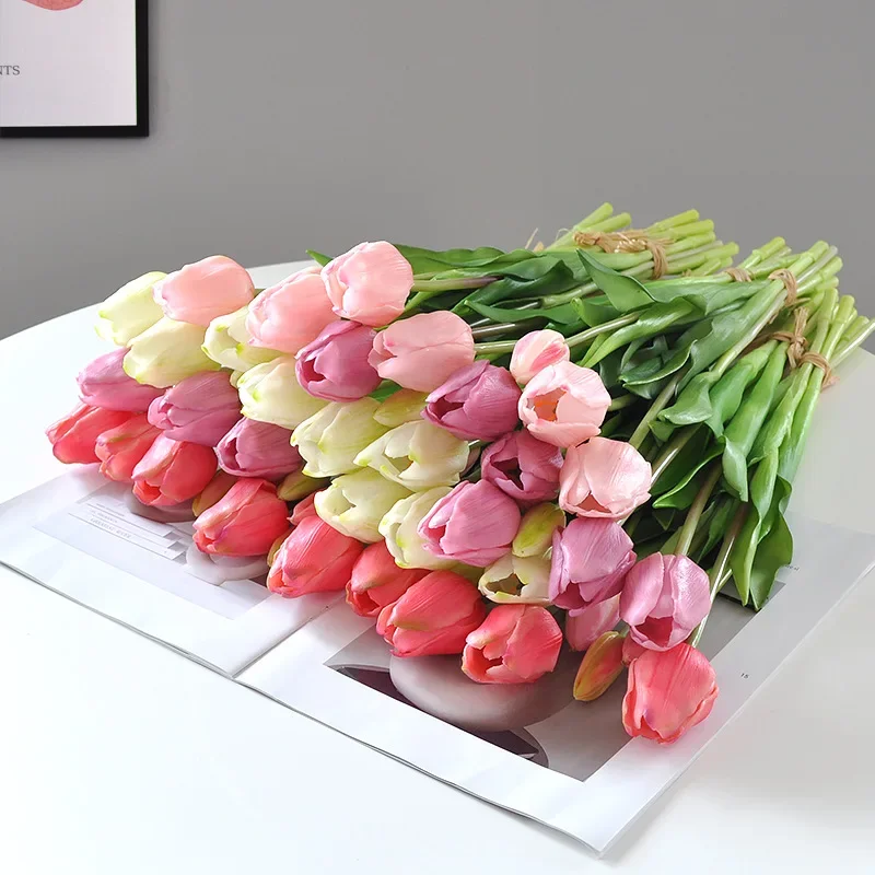 46CM Artificial Silicone Tulip Bouquet Wedding home Decora Artificial Flowers Home Decoration Floral Art Green Plants