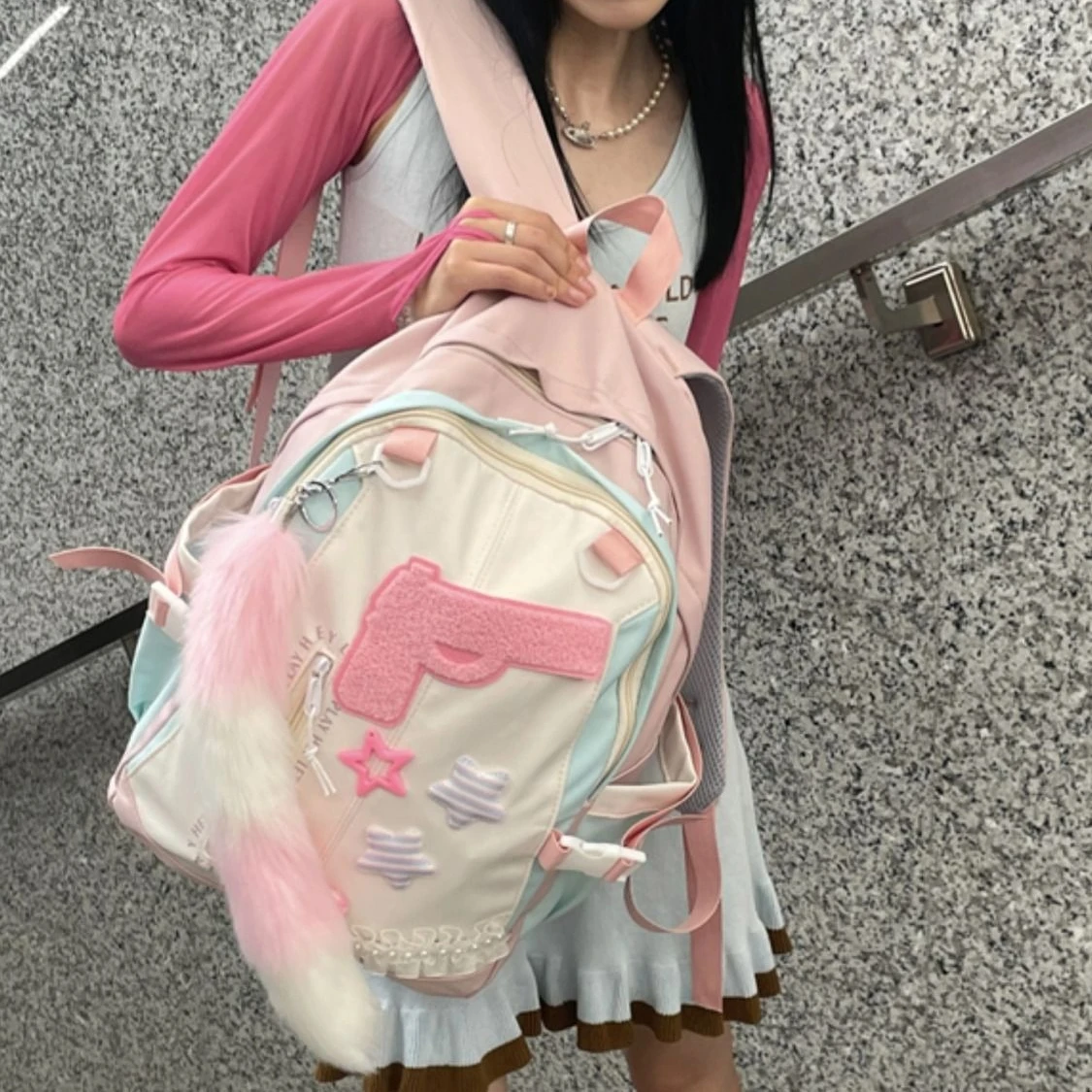 Japanese Cute Y2K Cartoon Pink Plush Tail Large-capacity Backpack Student Commuting Travel Backpack Schoolbag Back To School