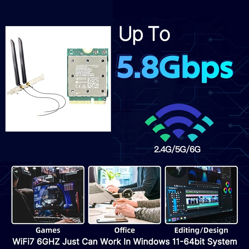 Wifi7 QCNCM865 Wireless 2.4Gbps  Bluetooth 5.4 Wireless Wi-Fi  For Win11 For 802.11Be M.2 NGFF Wlan Wifi Card Only For Win11