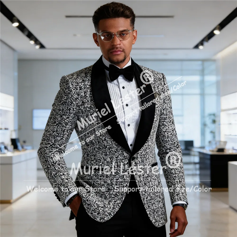 Trajes elegantes para hombre de 2 piezas, blazer jacquard con pantalones negros, ropa formal personalizada, trajes de fiesta, tallas grandes, trajes para hombre