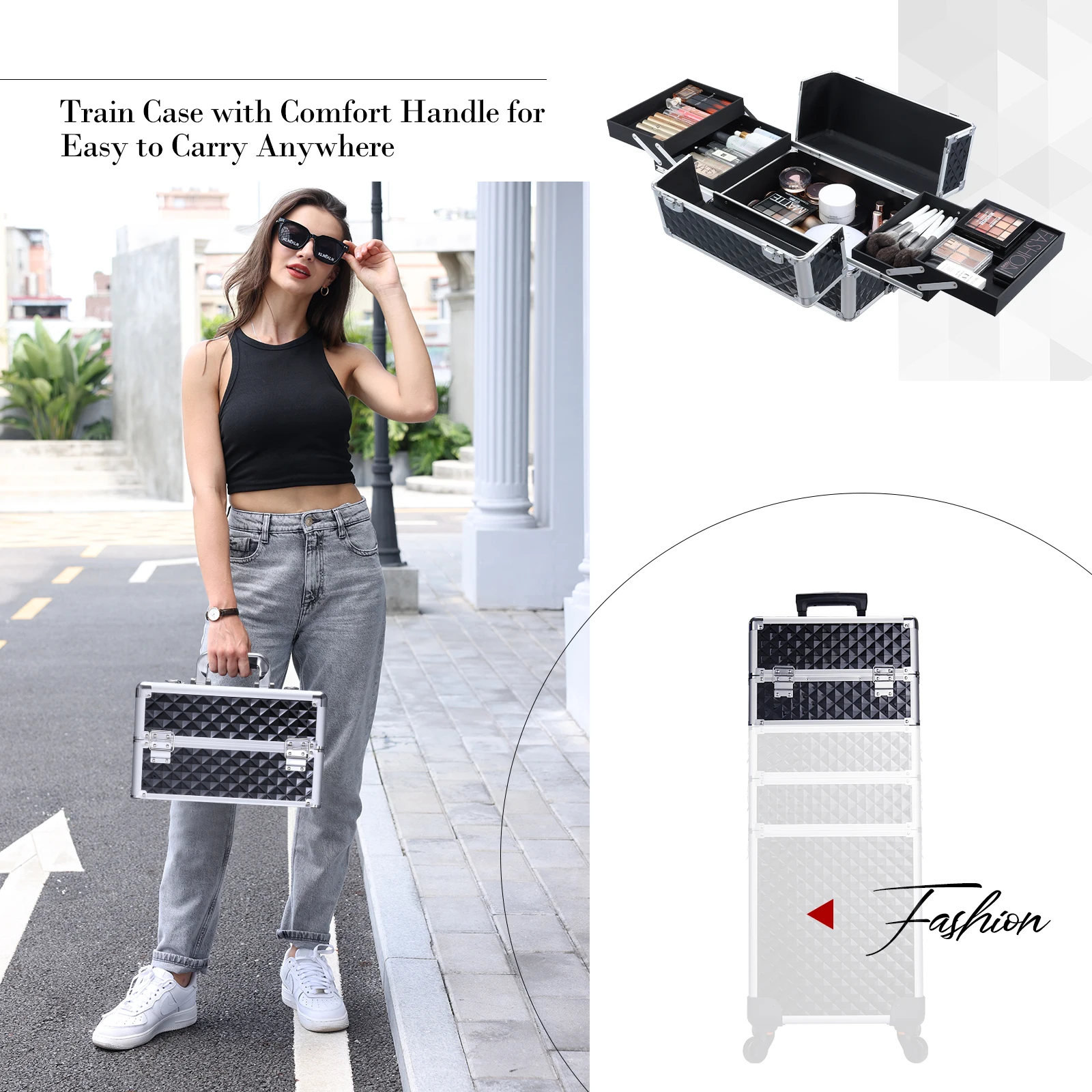 Makeup Trolley Case Detachable 4 in 1 Alloy Train Briefcase for Nail Manicure on Wheels Lock Salon Large Capacity Storage Case