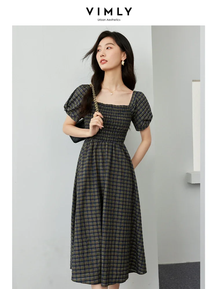 VIMLY Summer Women\'s Commuting Style Square Neck Elastic Waist Plaid Print Dress Summer Casual Puff Sleeve Slim Long Dress M7056