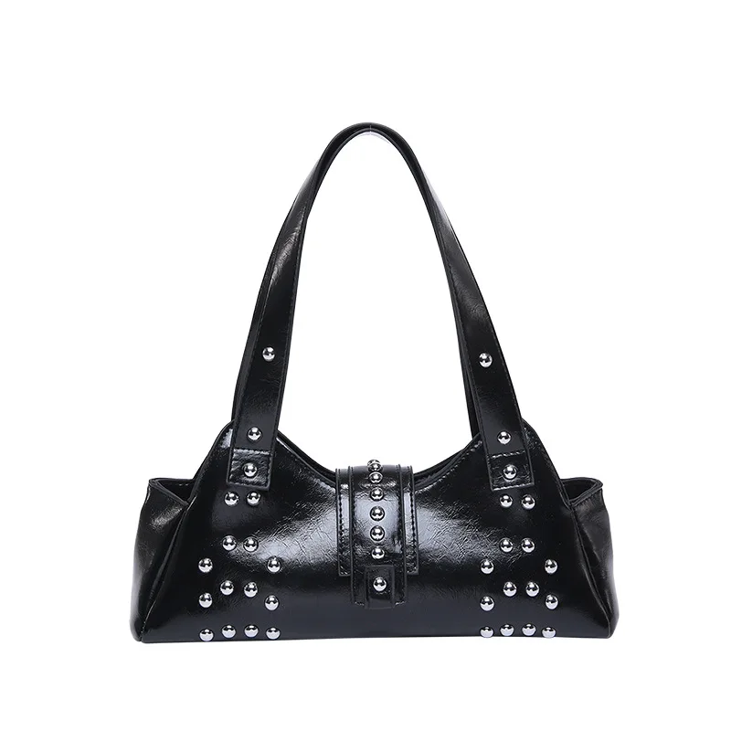 

Women's Punk Studded Shoulder Bag Gothic Drawstring Handbag Zipper Pocket PU Leather Small Backpack for Daily Street Fashion