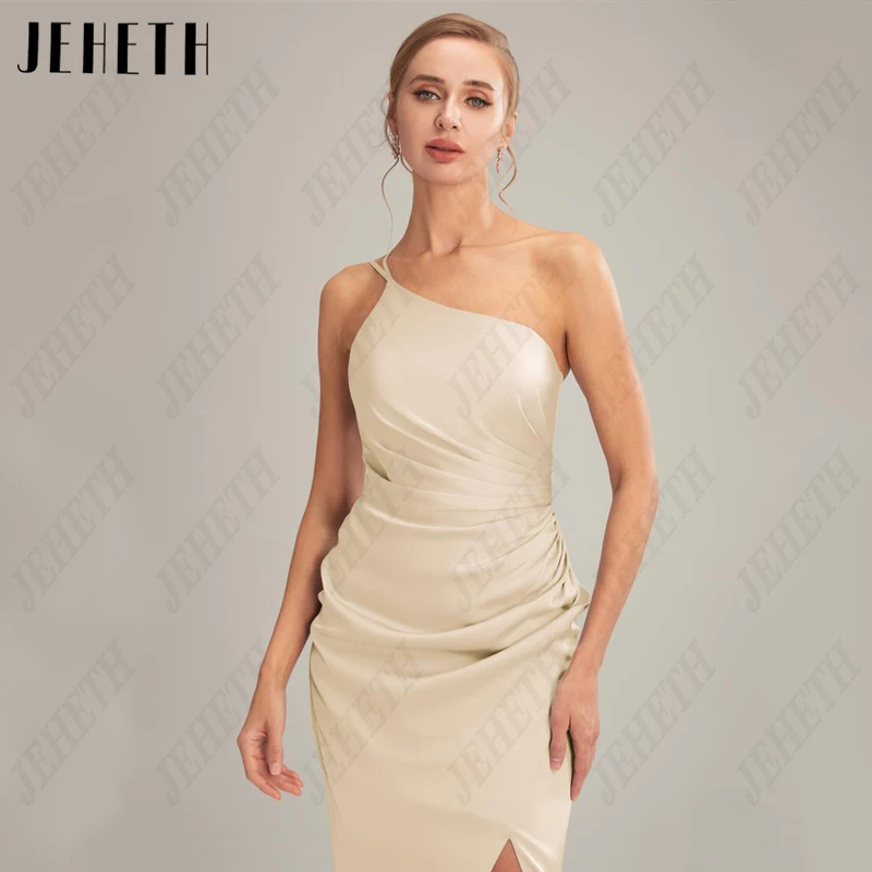 JEHETH One Shoulder Mermaid Prom Dresses Women Satin Backless Pleat Evening Gowns Vintage Spaghetti Straps Party Robes De Soirée