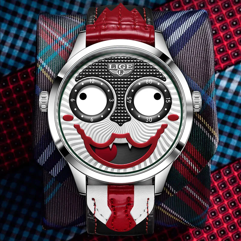 

LIGE 2025 креативные часы для мужчин, модные кварцевые наручные часы с клоуном, водостойкий кожаный ремешок, мужские часы, крутой Джокер, Reloj Hombre