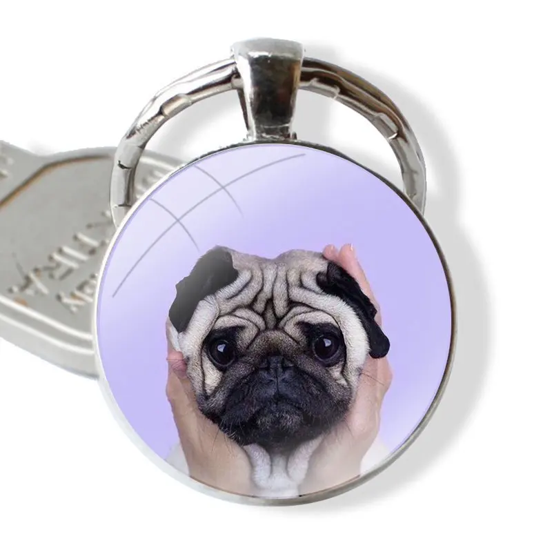 Cute Black Pug Dog Keychain Glass Cabochon Metal Pendant Classic Men\'s Women\'s Keyring