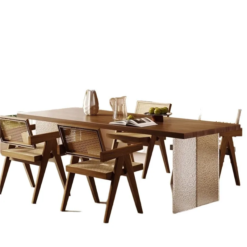 Acrylic suspended walnut dining table living room solid wood long table household large tea table