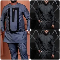 Kaftan africain élégant pour hommes, ensemble 2 pièces, tenues ethniques à manches longues, pantalon en Y, mariage, Rh, Dashiki imprimé, luxe complet