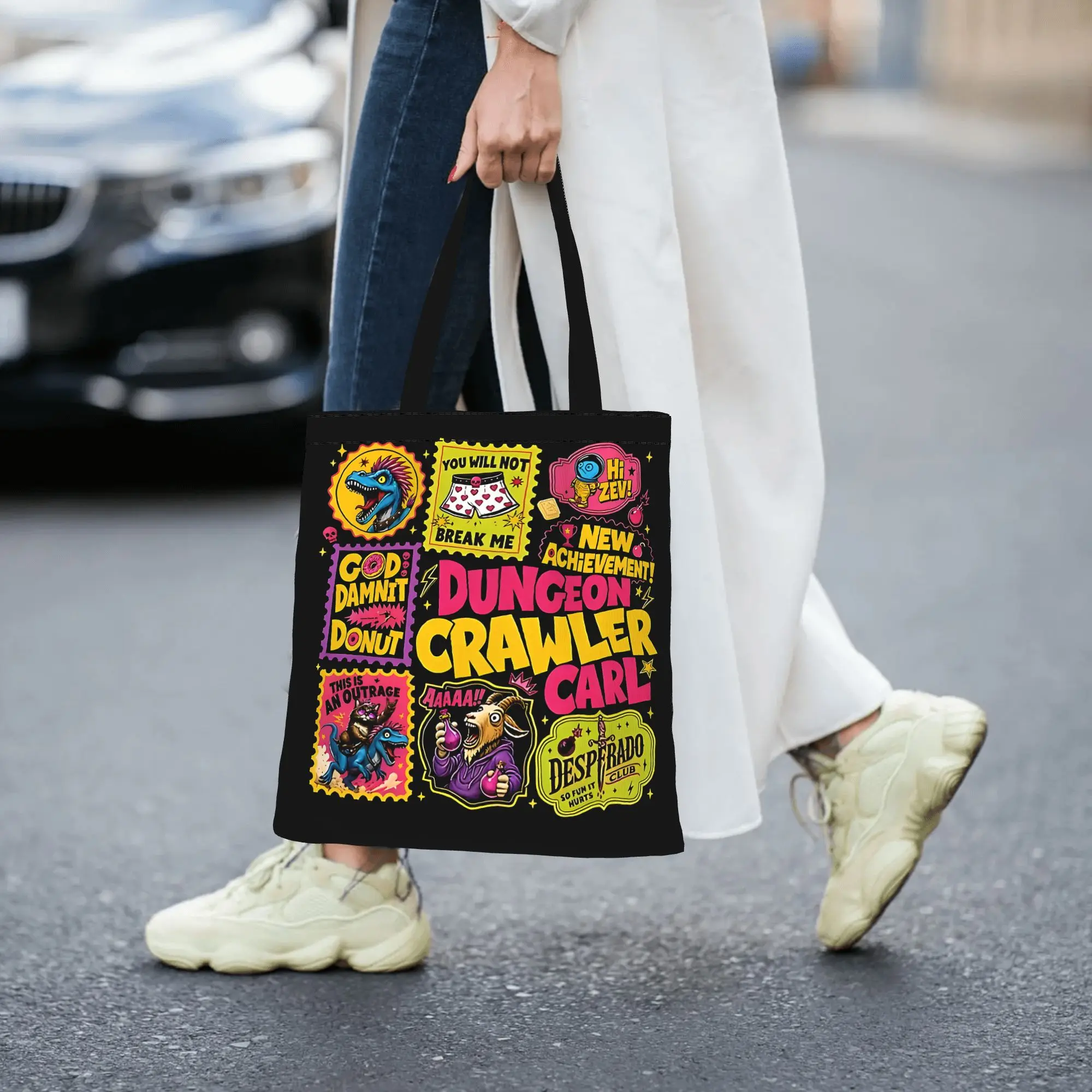 Reusable Trendy Dungeon Crawler Carl God Damnit Donut Shopping Bag Women Tote Bag Portable  Shopper Bags