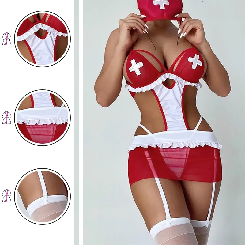 The Latest Best-Selling Female Role-Playing Nurse Red Dress Set Women's Sexy Slim Fit Integrated Mesh Cosplay Clothing image 5