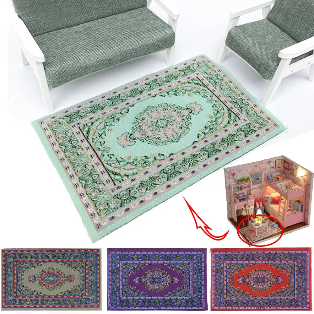 1:12 Scale Turkish Style Thread Mat Floor Coverings Dollhouse Carpet Eyes Of Persia Miniature Woven Rug Doll Accessories