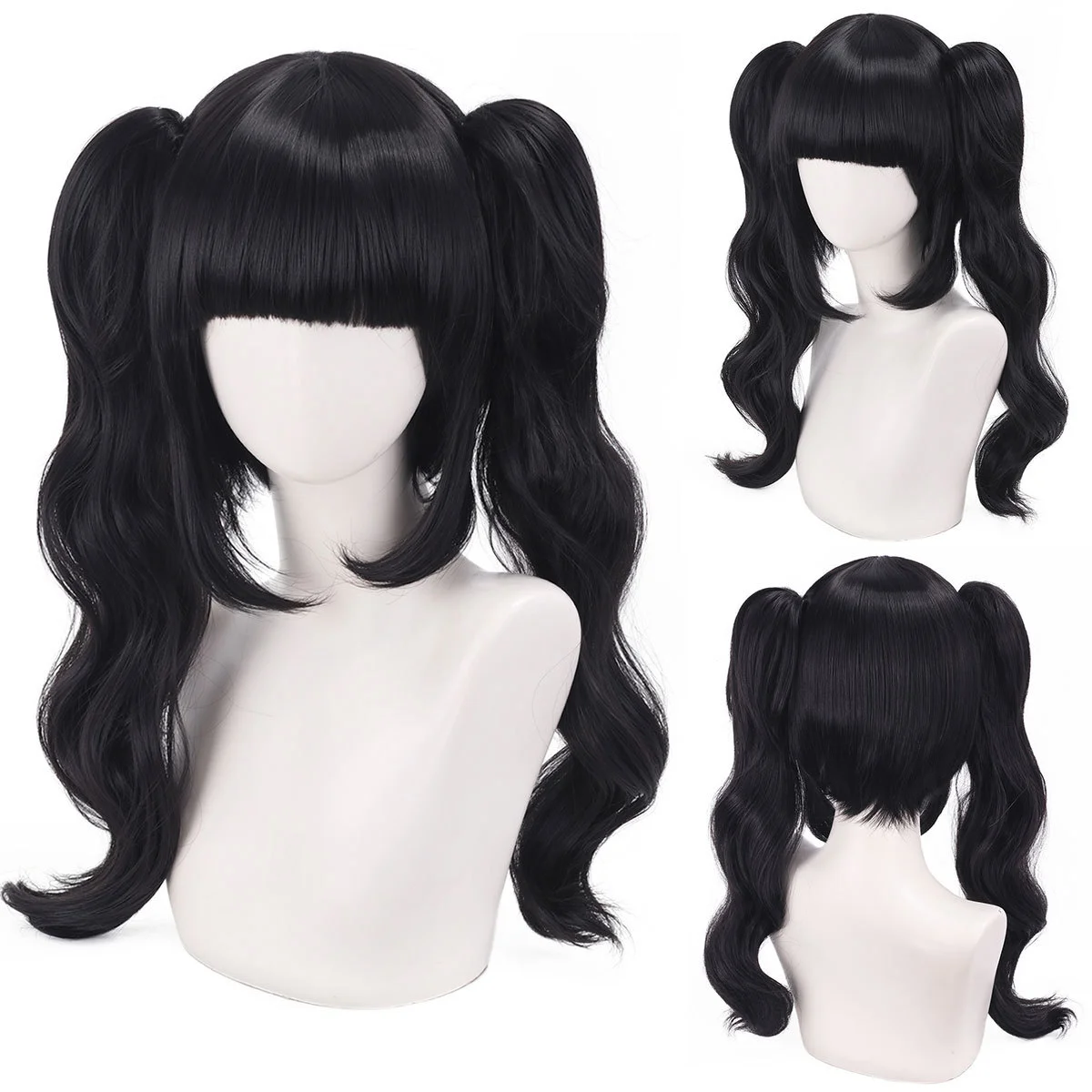 Two-piece Double Ponytail Wig Mischievous Girl's Cute Roman Curly Black Hair Lolita's Sweet and Natural Daily Synthetic Wigs