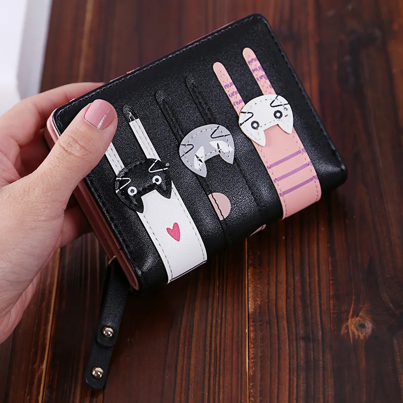 Women's Short Three Fold Purse Cute Cartoon Three Cats Purse Simple Zipper Change Purse Money Clip