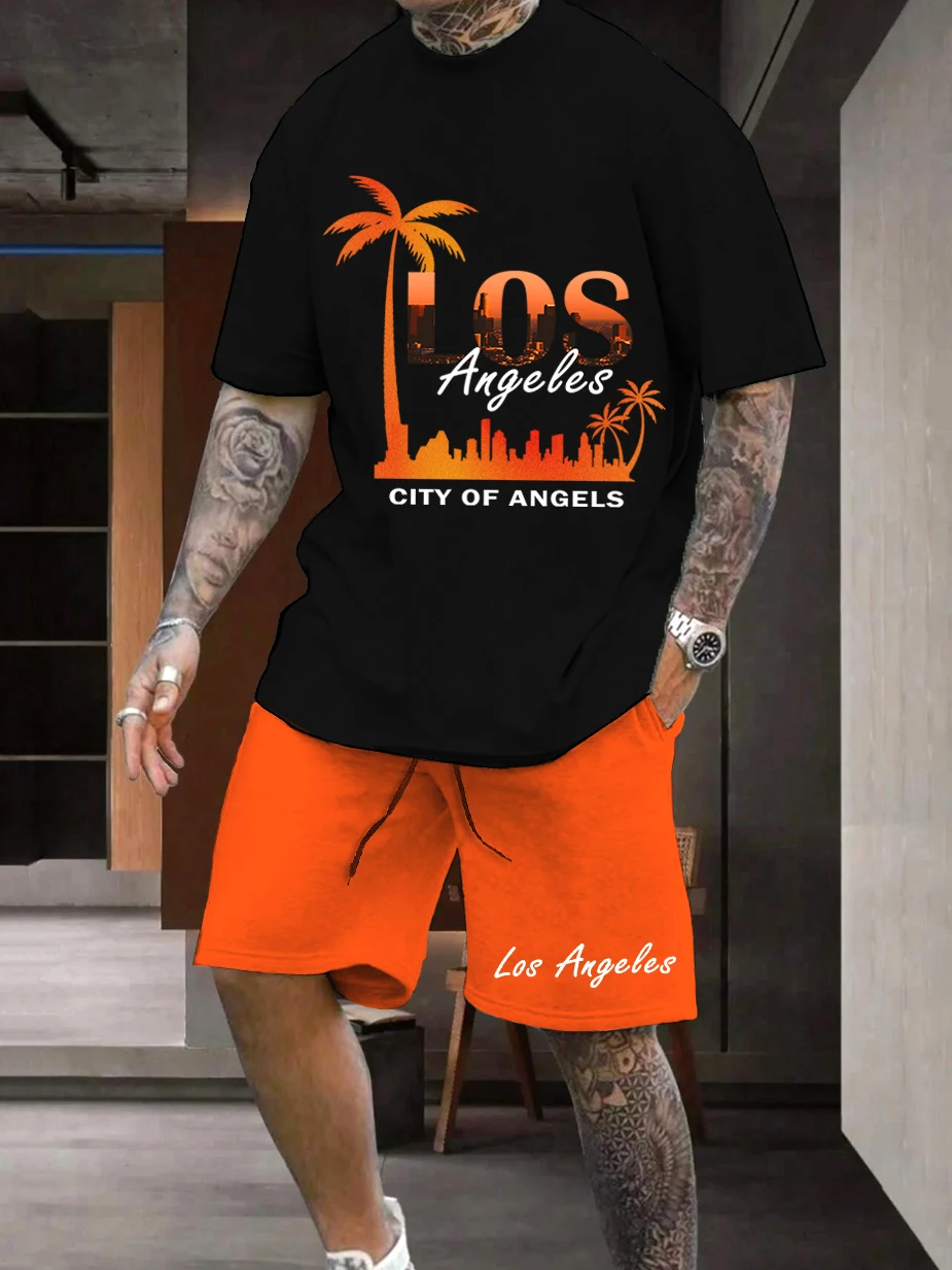 

Men's Summer Casual and Trendy T-Shirt, Short-Sleeve and Shorts Set with Coconut Tree and Sunset Prints in Los Angeles Style