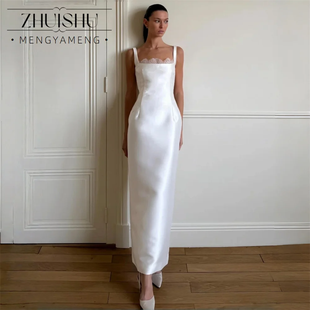 ZHUISHU Elegant White Square Collar Customized Wedding Party Sleeveless Satin Mermaid Bridal Gown Ankle-Length Wedding Gown 2026