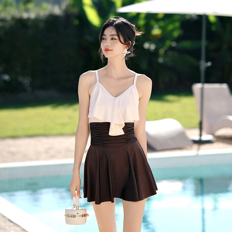 2024 Ins Dongdaemun New Swimsuit Goddess Temperament Conservative Skirt One-Piece Two-Piece Blouse Vacation Swimwear