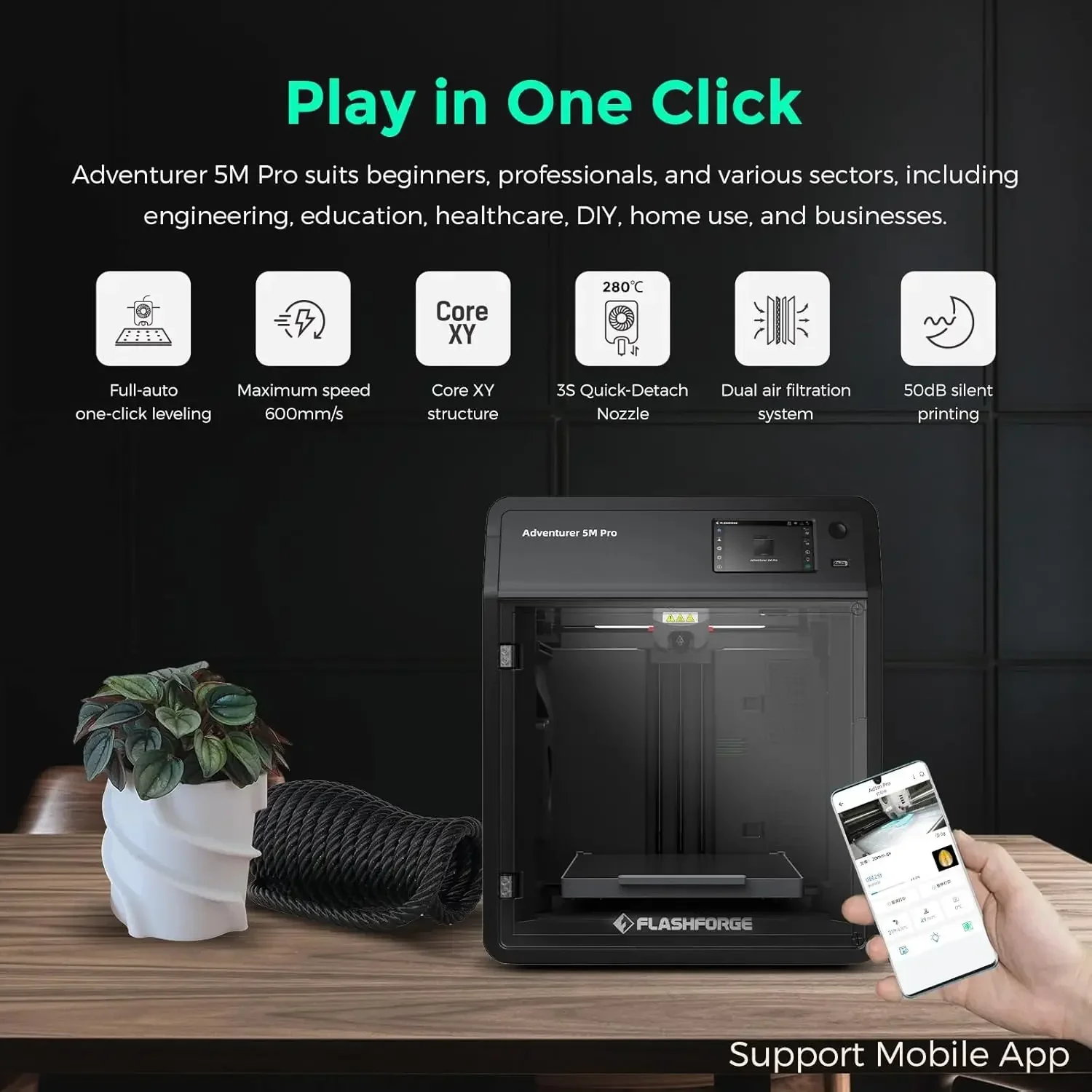 Adventurer 5M Pro 3D Printer with 1 Click Auto Printing System, 600mm/s High-Speed, Quick Detachable 280°C Nozzle, Core XY All-M