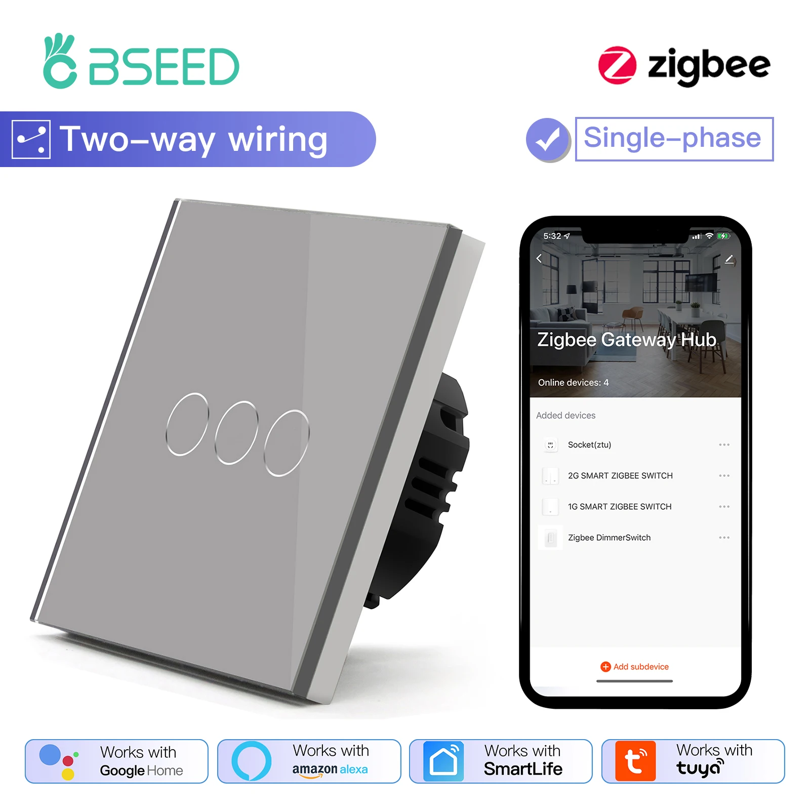 BSEED 1/2/3Gang Smart Zigbee Touch Light Switch 2-Way Control Compatible with Alexa/Google Home No Neutral Wire Touch Switch image 3