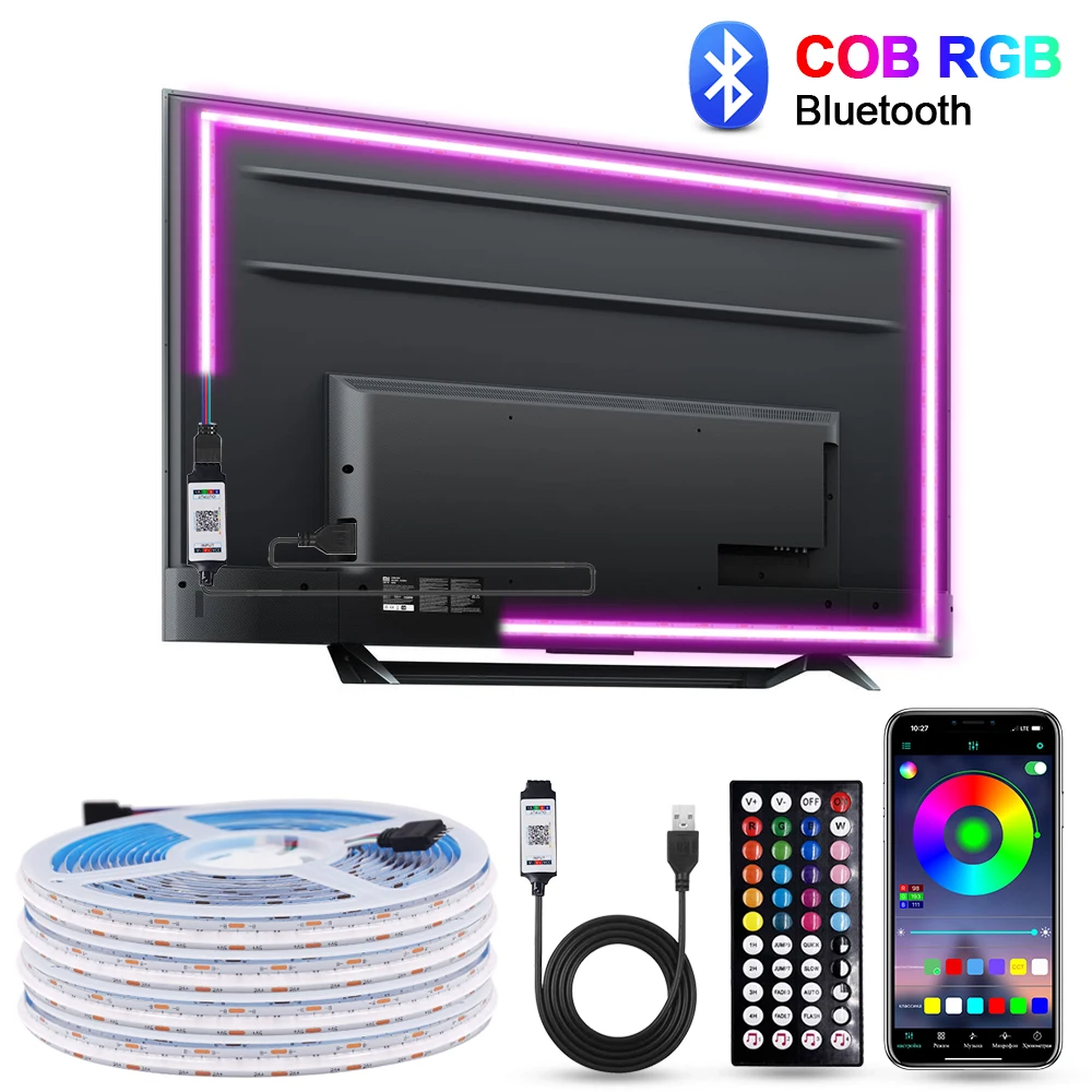 5V 576LEDs/m USB RGB COB LED Strip Light Bluetooth APP Control Music Sync Colorful Flexible Ribbon RGB COB Tape TV Backlight
