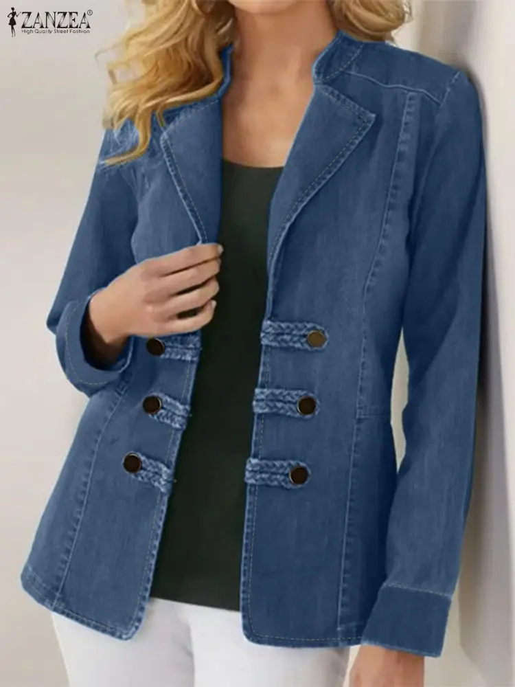ZANZEA Vrouwen Lange Mouw Blazer Denim Pakken 2025, Herfst Casual Double Breasted Jassen Effen Elegante OL Streetwear Bovenjassen