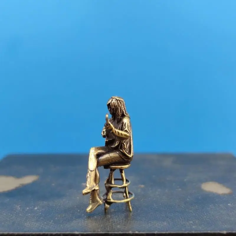 Retro Bar Female Guitarist Doll Figurine Vintage Brass Statue Model Mini Craft Figure Desktop Ornament Office Home Decoration