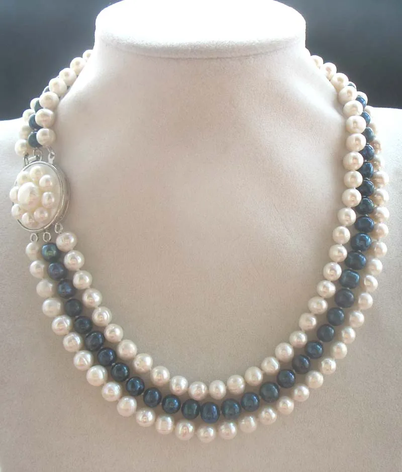 

3rows freshwater pearl white black near round 7-8mm necklace 18-20inch wholesale beads nature