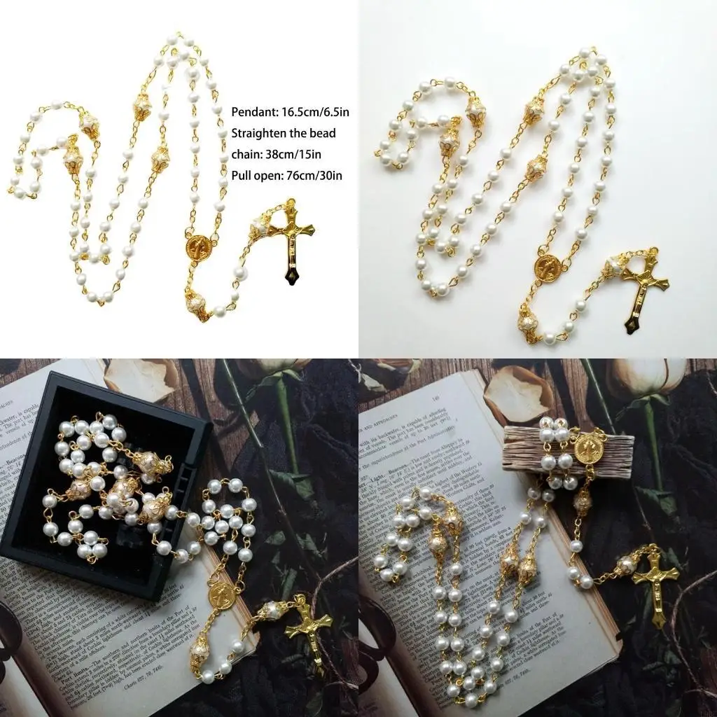 L9BE Vintage Pearl Beads Rosary Necklace Jesus Christ Crucifix for Cross Pendant Necklaces for Women Jewelry Charm Prayer Gifts