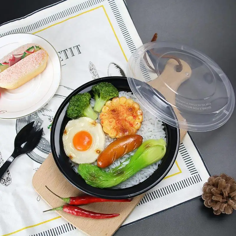 Thickened American Style round Disposable Fast Food Lunch Box Rectangular Outer Cutlery Plastic Bowl with Lid Takeaway Container