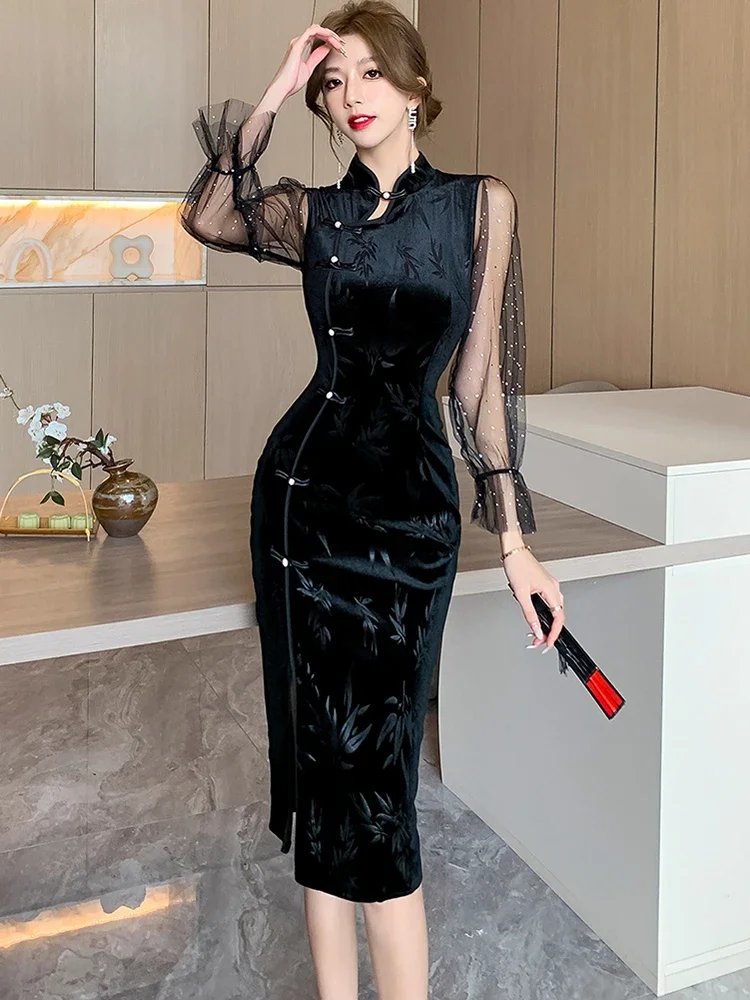 Black Jacquard Velvet Patchowrk Sequins Mesh Midi Dress Women Autumn Winter Elegant Luxury Dress 2024 Korean Dance Party Dresses