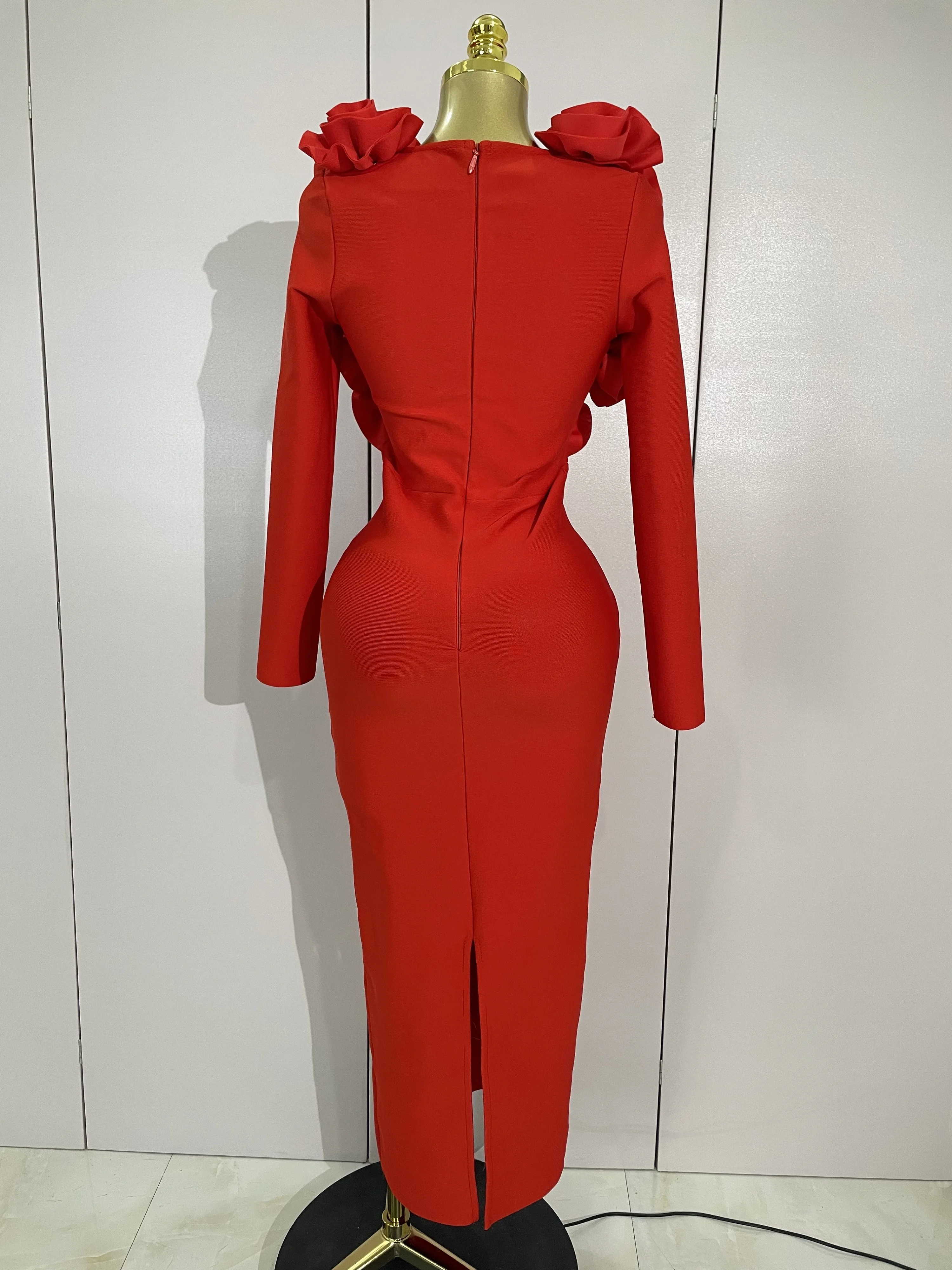 أزياء أنيقة ثلاثية الأبعاد زهرة طويلة الأكمام Bodycon ضمادة فستان المرأة المشاهير نادي الحفلات الفاخرة فستان الزفاف عيد ميلاد Vestidos