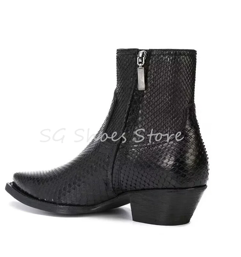 Snakeskin Pattern Pointed Toe Wedges Chelsea Boots for Men Side Zipper Hight Heel Balck Leather Boots Male Business Dress Shoes