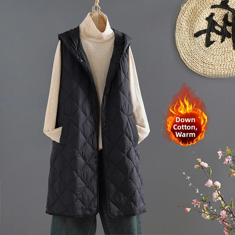

Autumn Winter Lightweight Quilted Cotton Vest Hooded Jaet Women's Faionable Versatile Mid-Length Warm Thiened Coat