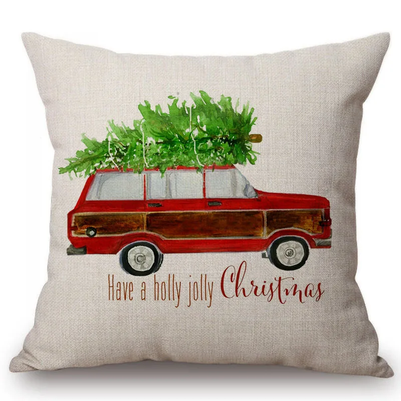 Aquarel Auto Kerstboom Print Kussenhoes Rode Vintage Winter Sneeuw Auto Decoratieve Sofa Stoel Sierkussen Cover