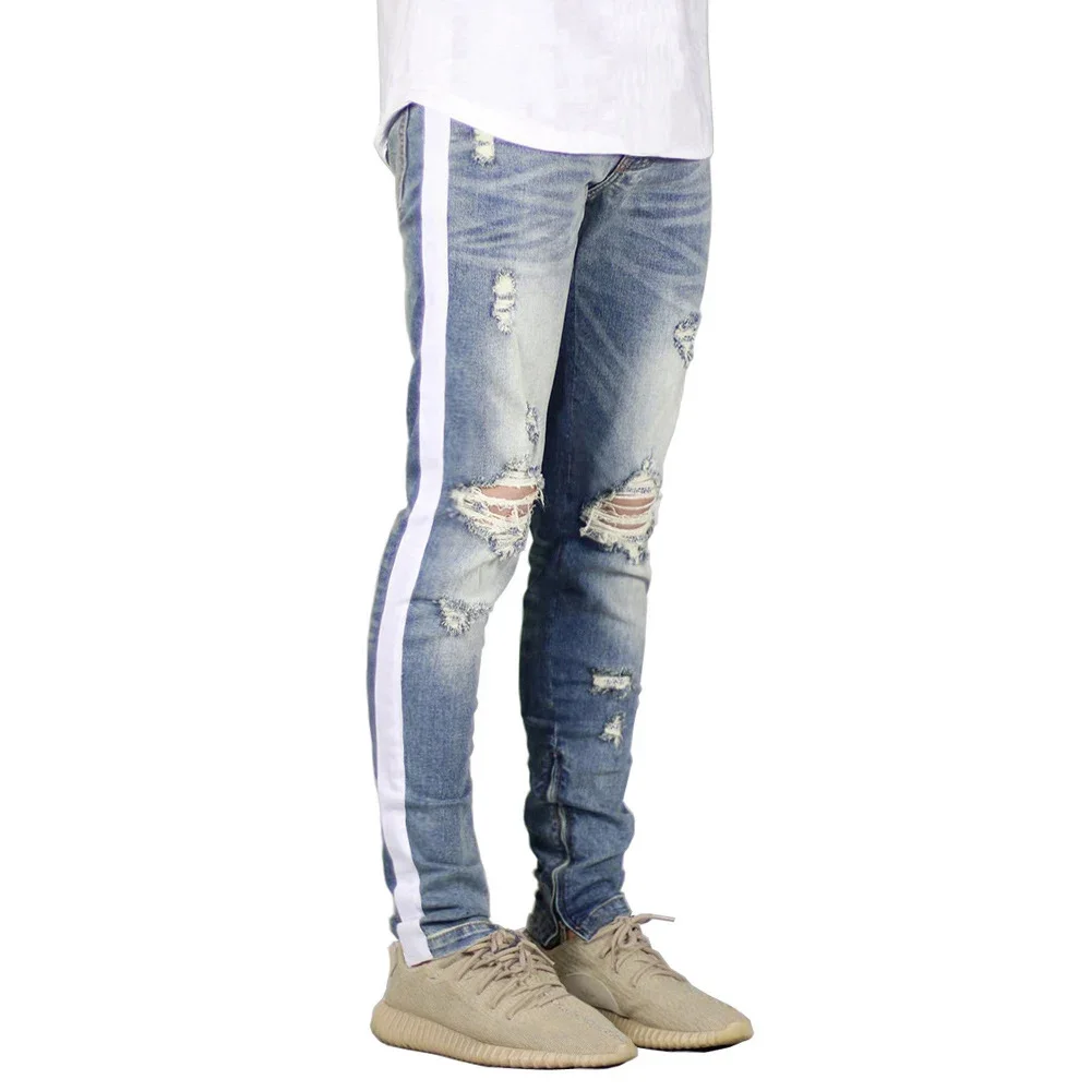 

Men Skinny Stretch Denim Pants Male Slimming Fit Stripe Ripped Jeans Low Waisted Soild Denim Trousers Side Pockets Casual Jeans