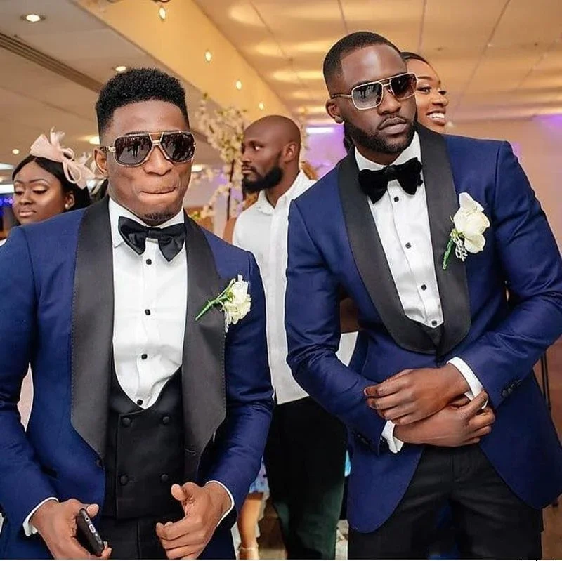 Men Suits Light Navy Blue and Black Groom Tuxedos Shawl Lapel Groomsmen Wedding Best Man ( Jacket+Pants+Bow Tie+Vest ) C684