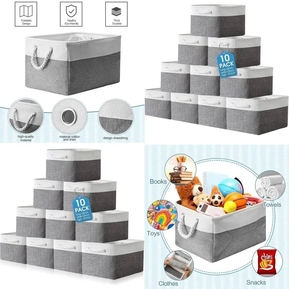 

Large Collapsible Fabric Storage Baskets with Handles for Organizing Shelves, Toys, Clothes - White & Gray, 16x12x10 Inches