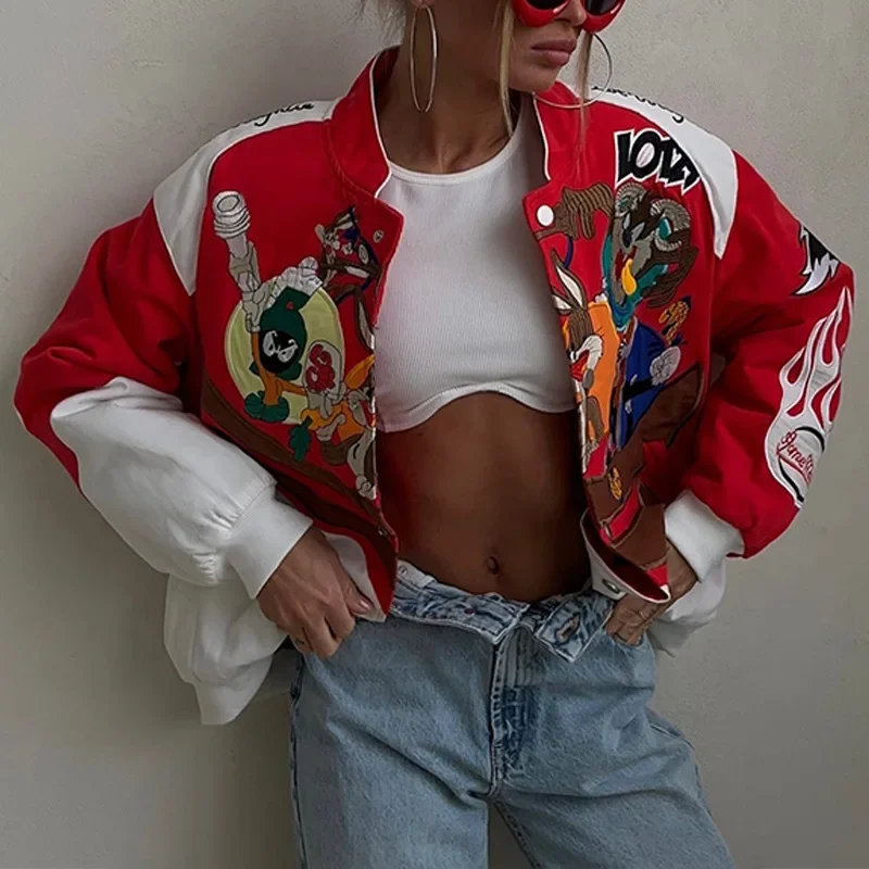 Europe New Autumn and Winter Jacket Sports Style Red Printed Casual Loose Coat Women Jacket