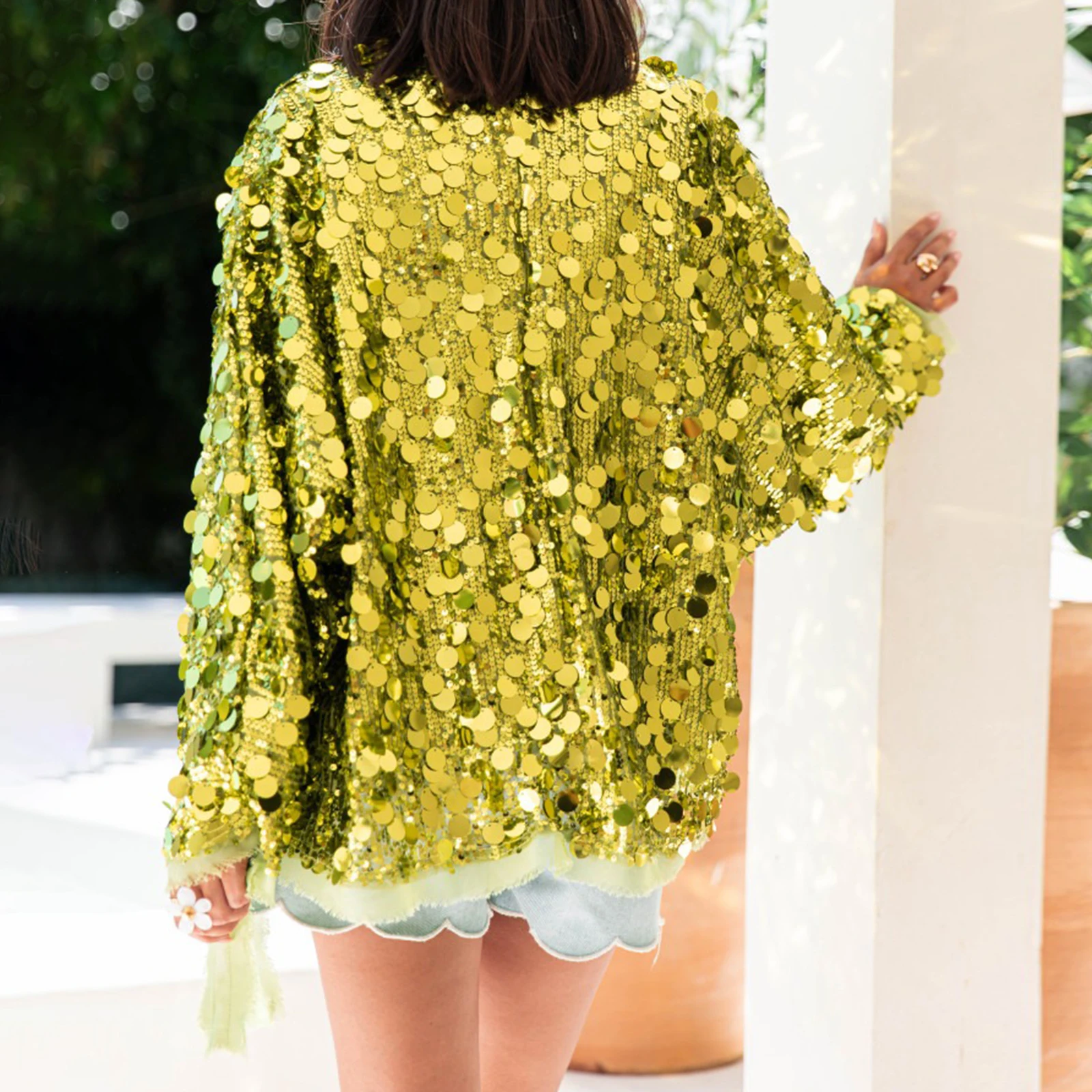 2025 Cardigan con paillettes scintillanti da donna nuovo con scollo a V e cravatta frontale a maniche lunghe, top scintillanti